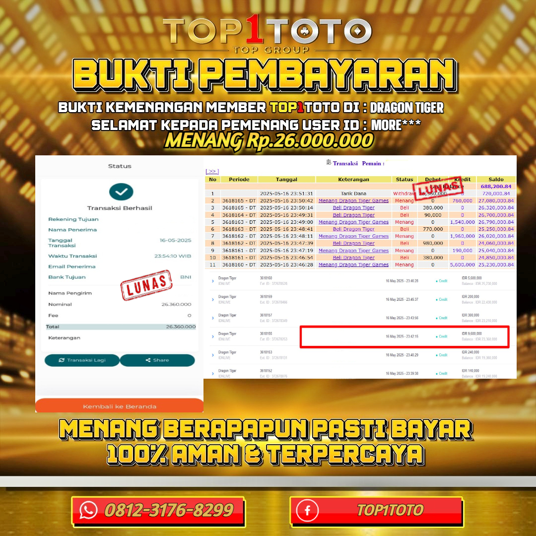 TOP1TOTO JACKPOT LIVE GAMES DRAGON TIGER Rp.26.000.000 - LUNAS USER ID : MORE***