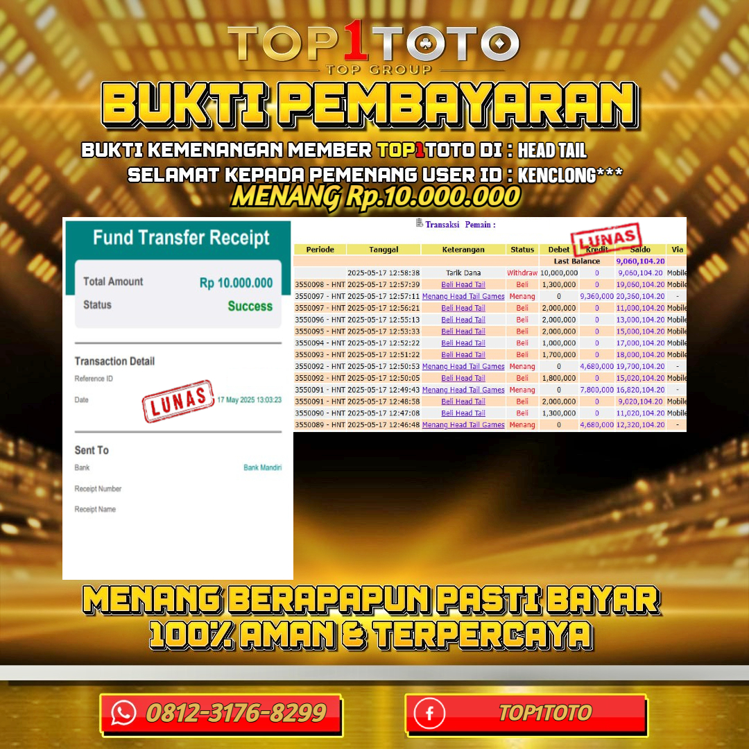 TOP1TOTO JACKPOT LIVE GAMES HEAD TAIL Rp10.000.000 - LUNAS USER ID : KENCLONG***