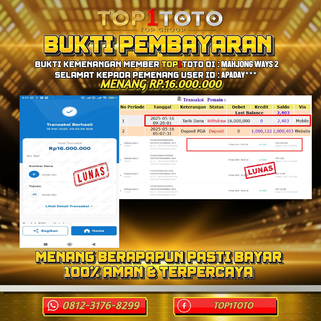 TOP1TOTO JACKP0T SLOT MAHJONG WAYS 2 Rp.16.000.000 - LUNAS USER ID : APADAY***