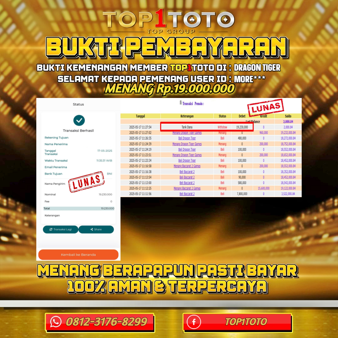 TOP1TOTO JACKPOT LIVE GAMES DRAGON TIGER Rp19.000.000 - LUNAS USER ID : MORE***