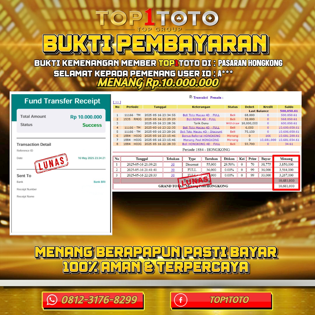 TOP1TOTO JACKPOT TOGEL PASARAN HONGKONG Rp.10.000.000 - LUNAS USER ID : A***