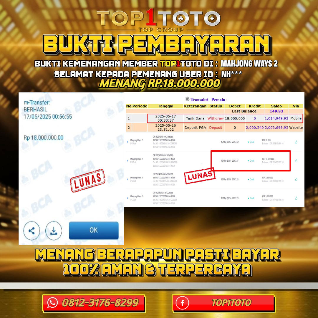 TOP1TOTO JACKPOT SLOT MAHJONG WAYS 2 Rp.18.000.000 - LUNAS USER ID : NH***