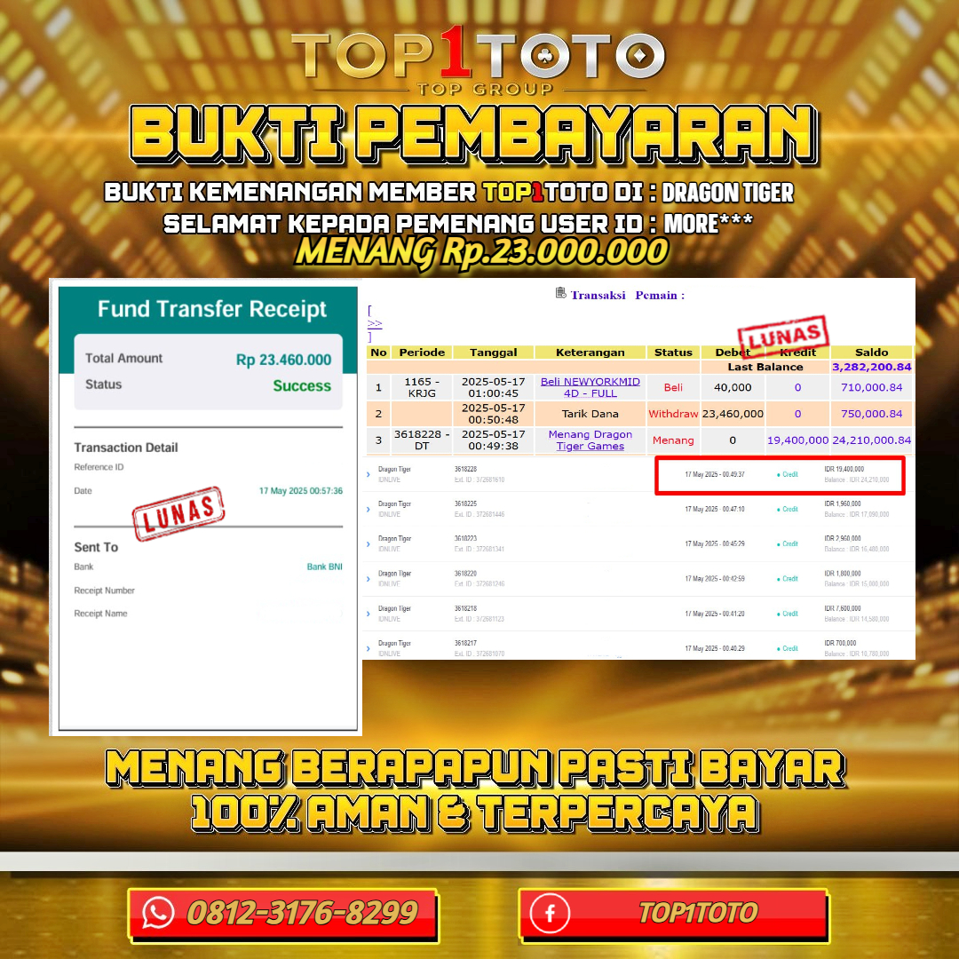 TOP1TOTO JACKPOT LIVE GAMES DRAGON TIGER Rp.23.000.000 - LUNAS USER ID : MORE***