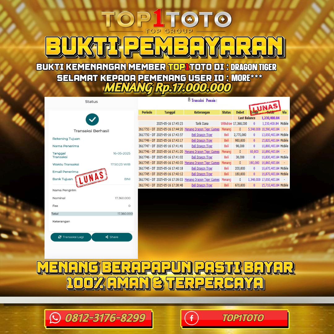 TOP1TOTO JACKPOT LIVE GAMES DRAGON TIGER Rp.17.000.000 - LUNAS USER ID : MORE***
