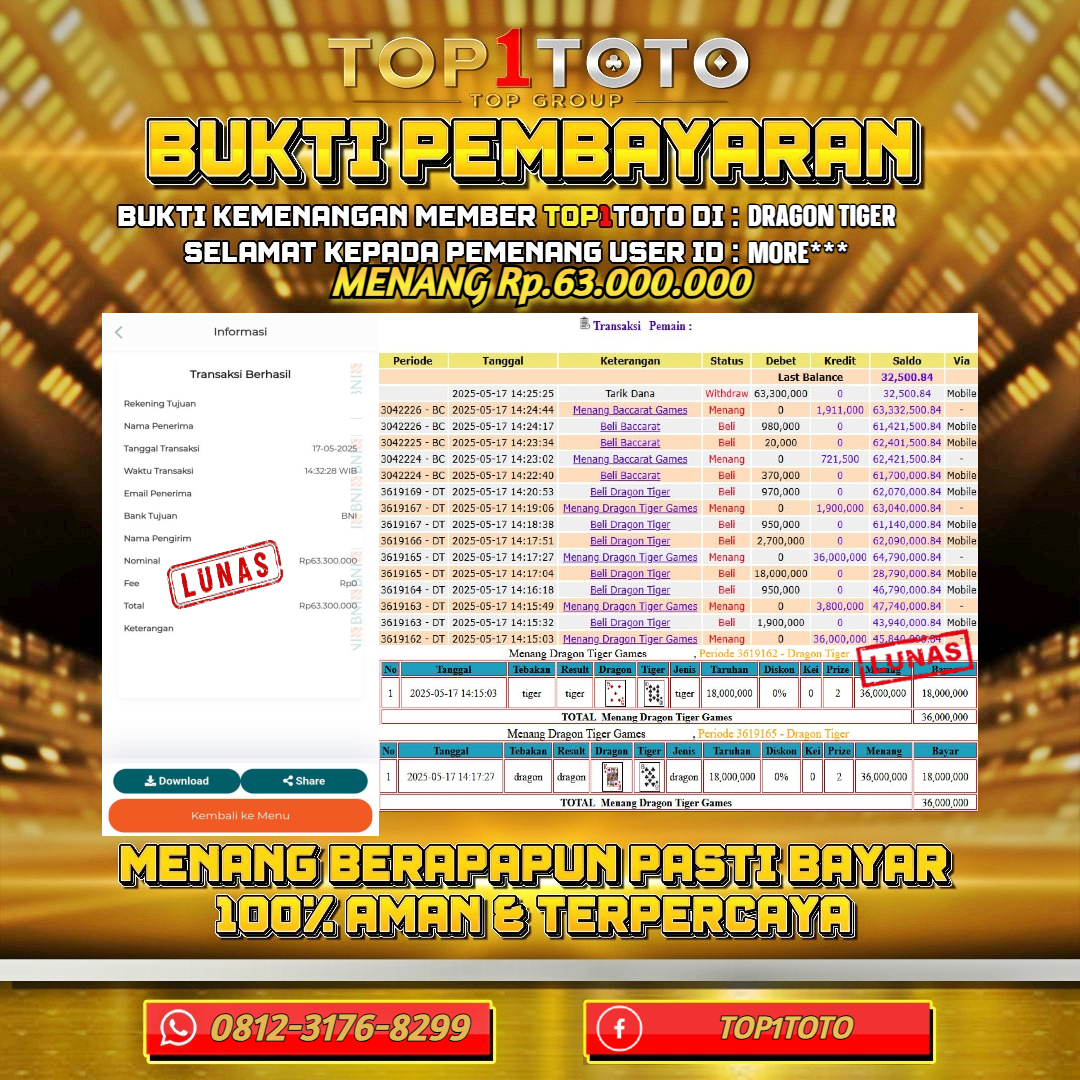 TOP1TOTO JACKPOT LIVE GAMES DRAGON TIGER Rp63.000.000 - LUNAS USER ID : MORE***