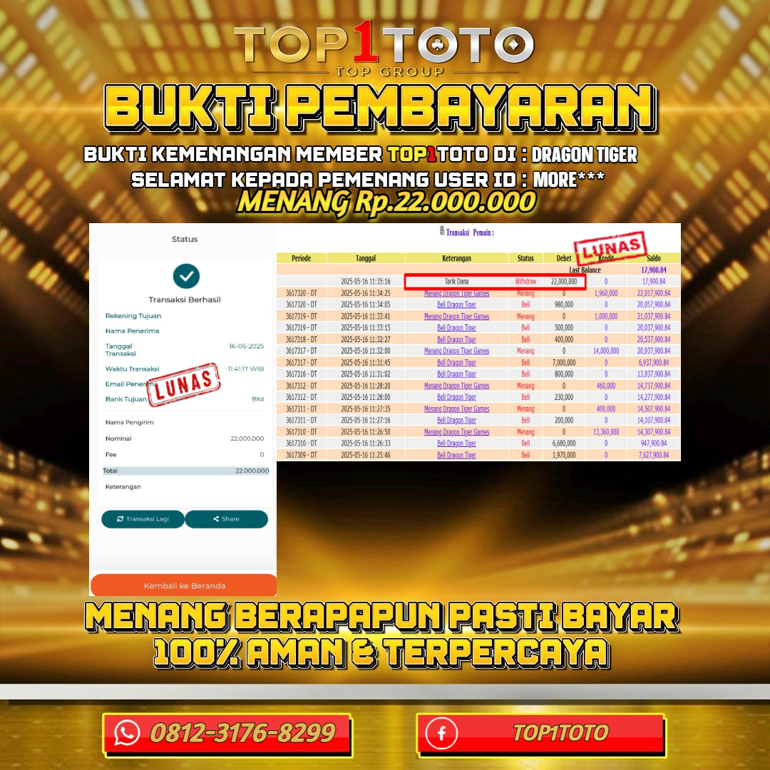 TOP1TOTO JACKPOT LIVE GAMES DRAGON TIGER Rp.22.000.000 - LUNAS USER ID : MORE***