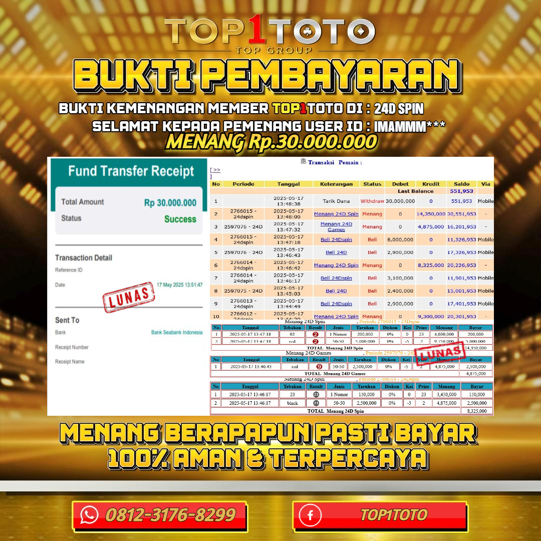 TOP1TOTO JACKPOT LIVE GAMES 24D SPIN Rp30.000.000 - LUNAS USER ID : IMAMMM***